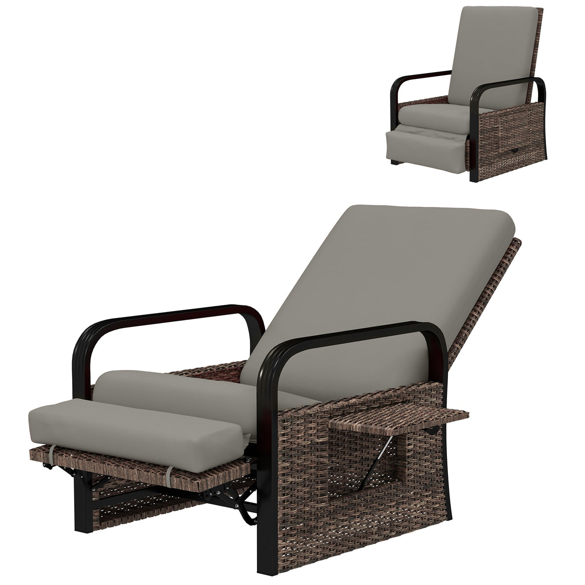 Wicker Outdoor Recliner Chair, Reclining Lounge Chair with Adjustable Backrest, Footrest and Side Tray, Light Grey
