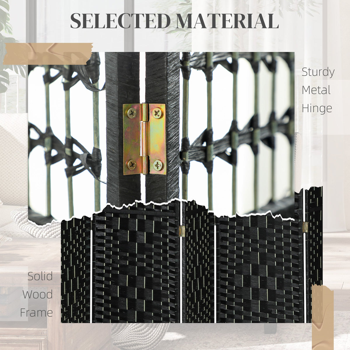 4 Panel Folding Room Divider, Portable Privacy Screen, Wave Fiber Room Partition for Home Office, Black