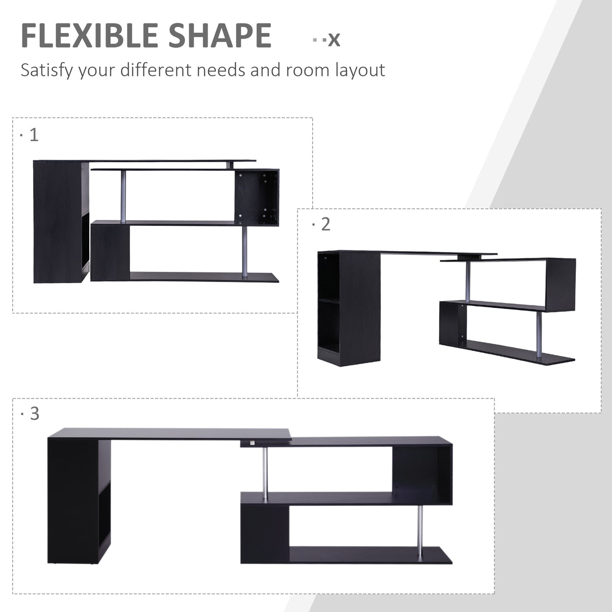 55" Corner Computer Desk, 360° Rotating L-Shaped Desk, Home Office Workstation with 3-Tier Shelves, Bookshelf, Black