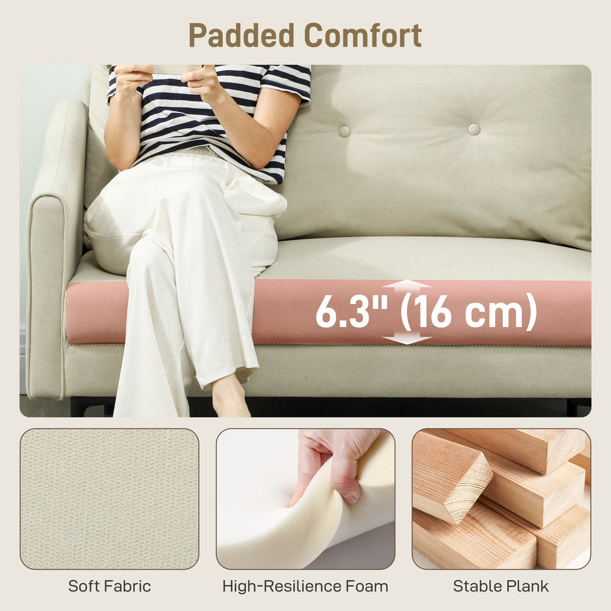 2 Seater Sofa, Small Modern Couch with High-Resilience Foam, Thicken Padding, Button Tufted, Cream White