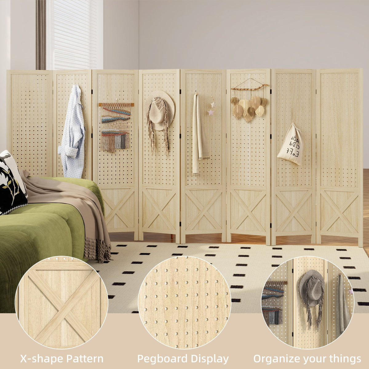 4.7' 3 Panel Wooden Room Divider with Pegboard Display, Folding Privacy Screen for Home Office, Natural