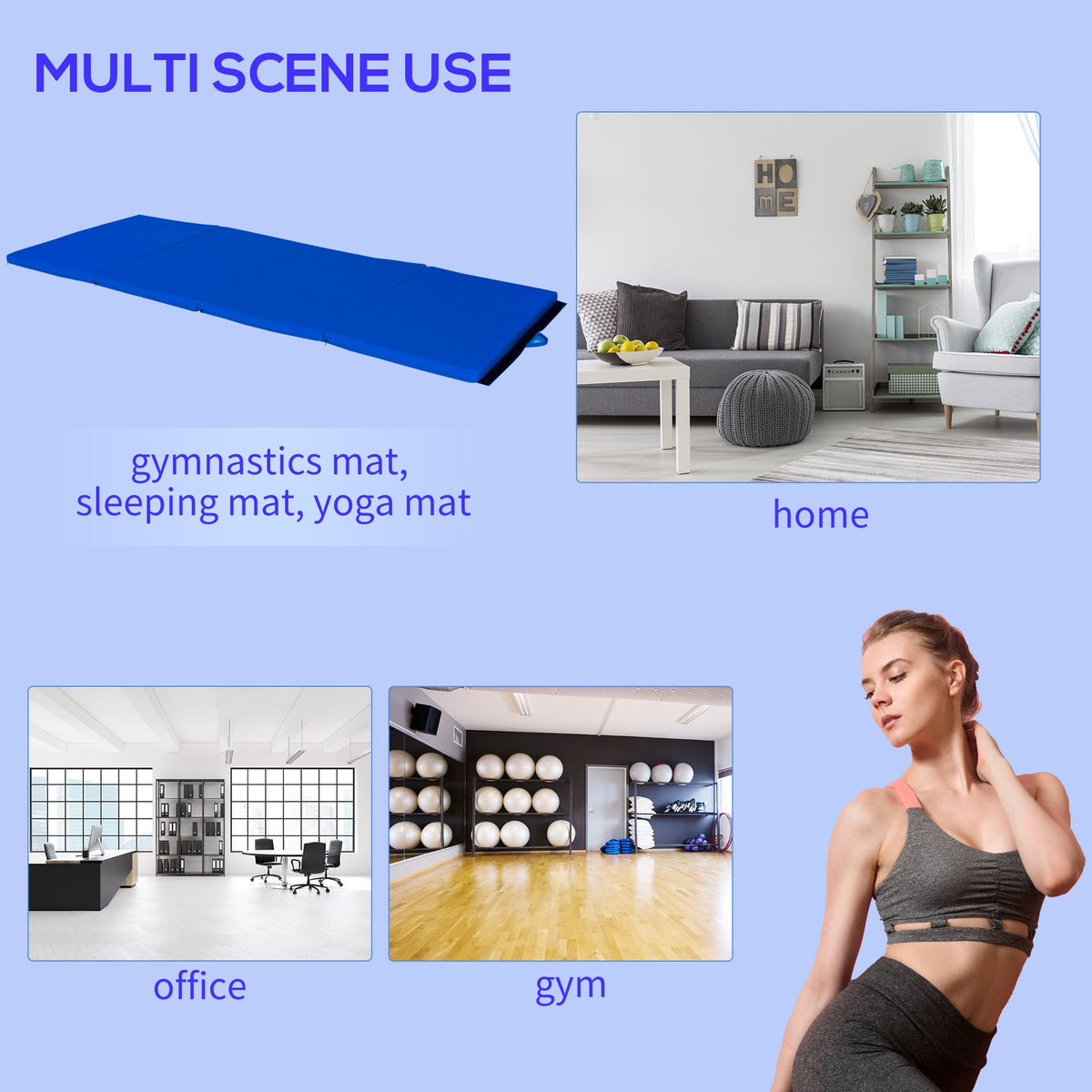 4'x10'x2" Folding Gymnastics Tumbling Mat, Exercise Mat with Carrying Handles for Yoga, MMA, Martial Arts, Dark Blue