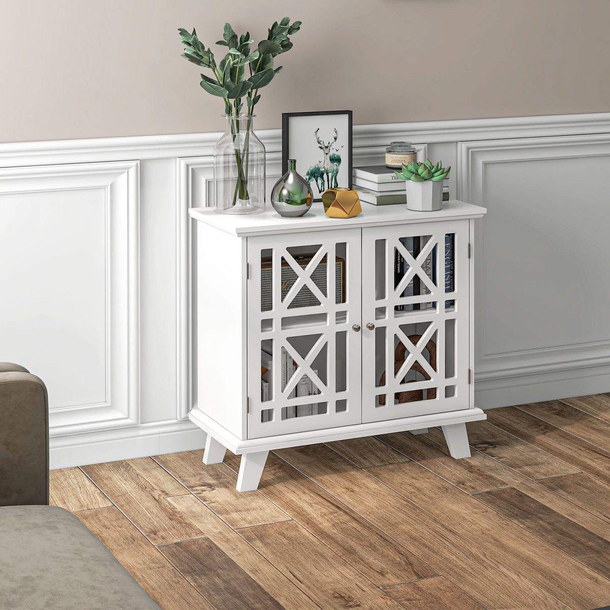 Storage Cabinet with Fretwork Doors and Shelf, Modern Freestanding Sideboard, Buffet, Blue