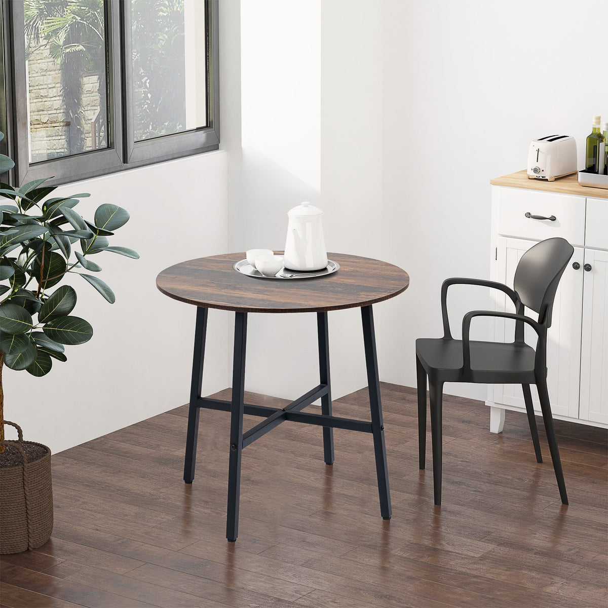 Ø31.5" Dining Room Table, Industrial Style Kitchen Table Round with Steel Legs, Rustic Brown