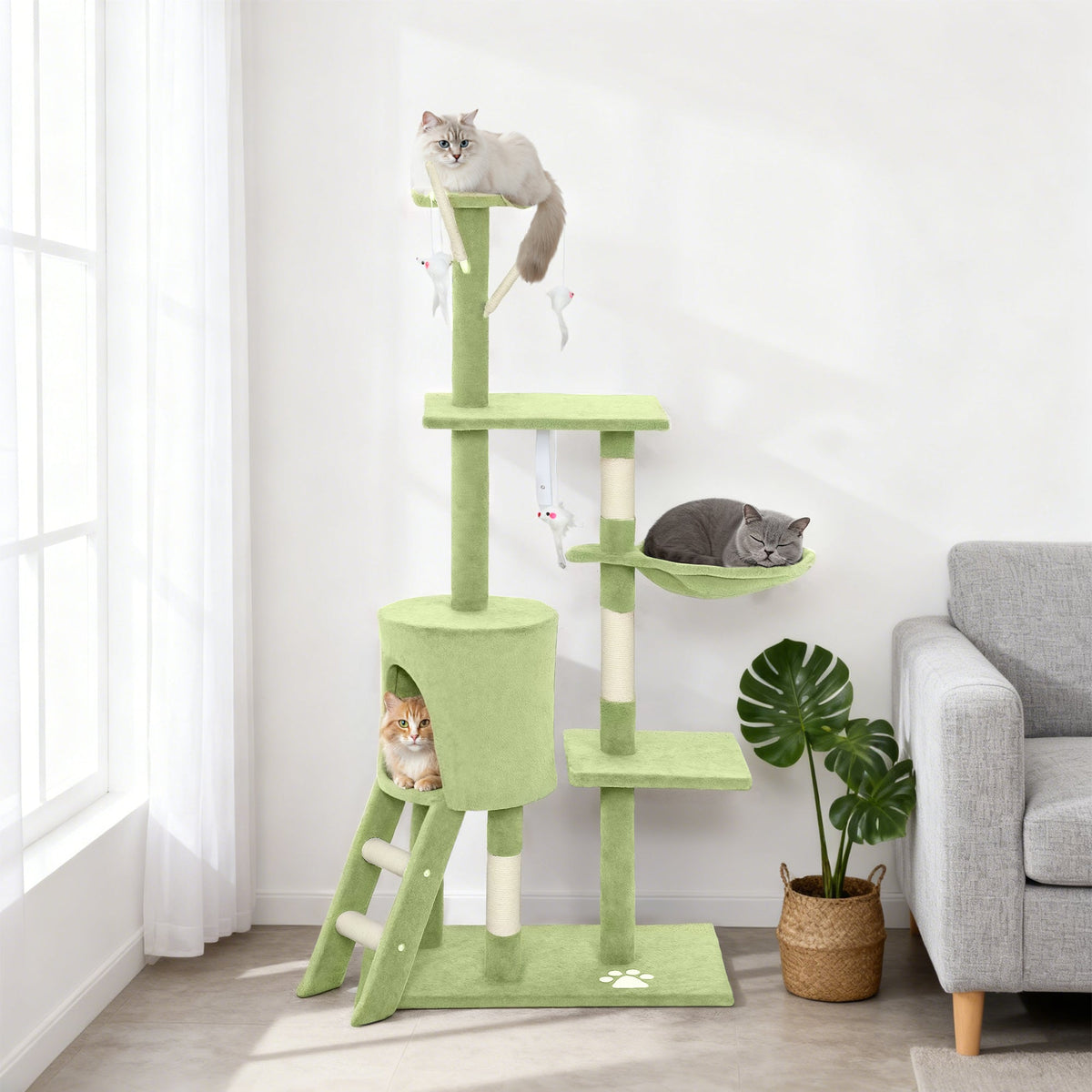 53" Cat Tree Tower, Kitten Activity Centre with Scratching Posts, Condo, Perches, Ladder, Hammock, Dangling Toys, Grey