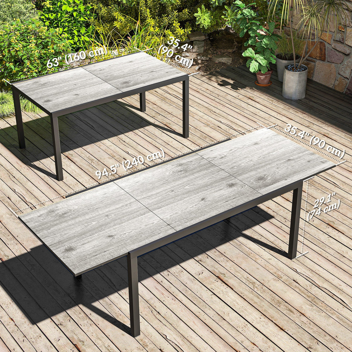 63"-94.5" Extendable Patio Dining Table for 6-8 Person, Outdoor Dining Table with Aluminium Edging, Steel Frame, Brown