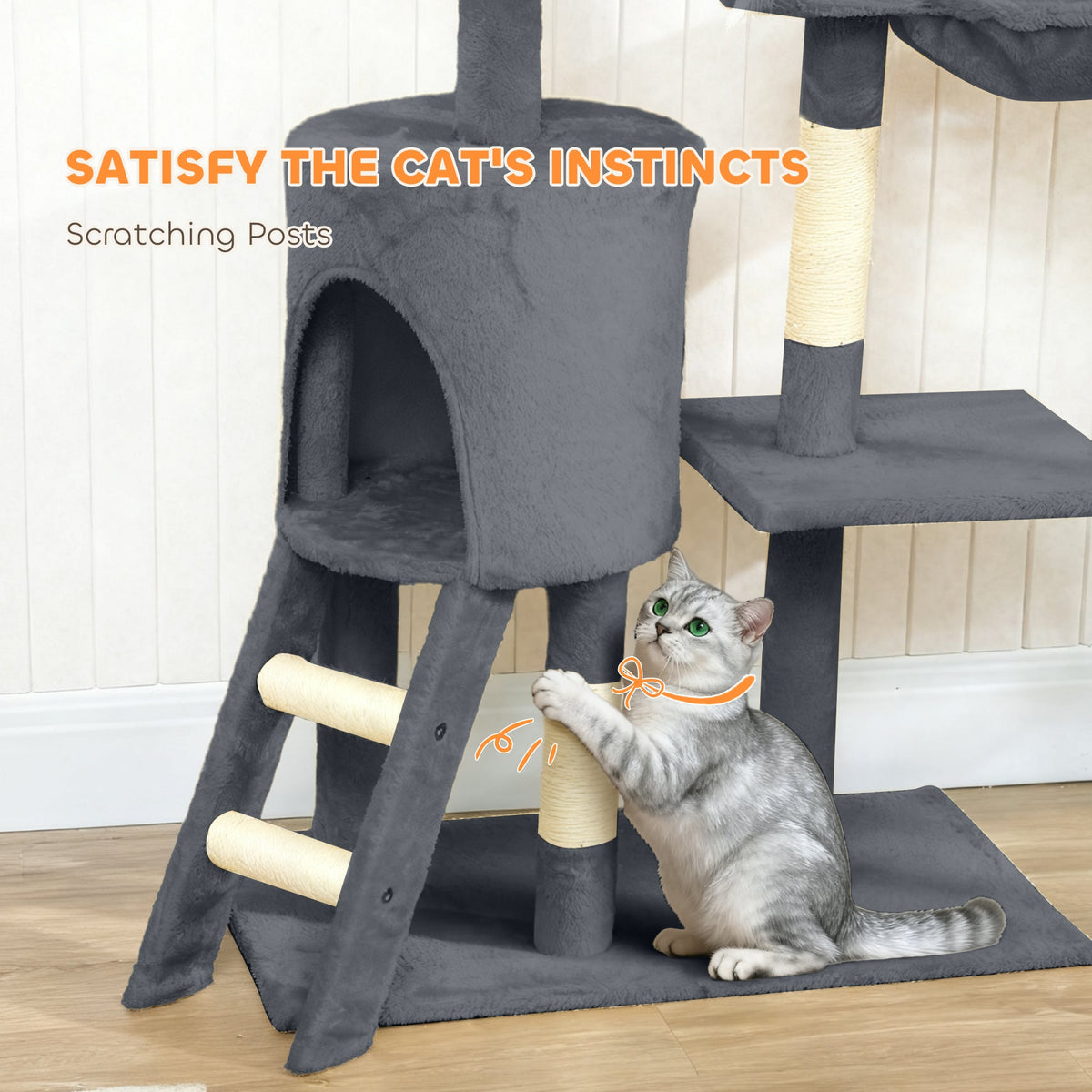 53" Cat Tree Tower, Kitten Activity Centre with Scratching Posts, Condo, Perches, Ladder, Hammock, Dangling Toys, Grey