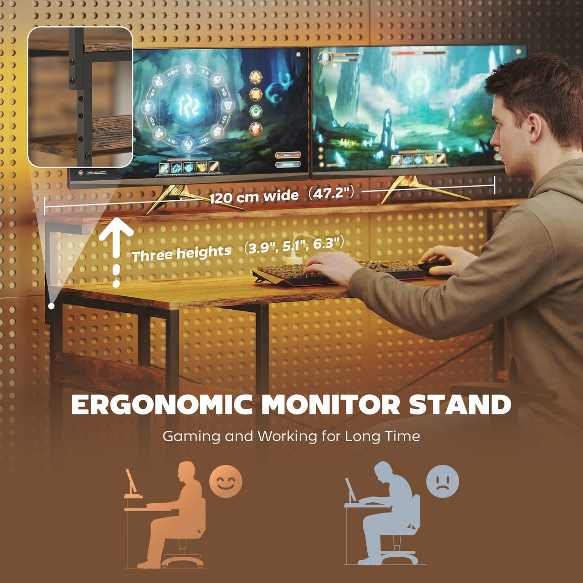 Gaming Desk with Power Outlets LED Lights Computer Desk with Drawers Monitor Stand 61" Black