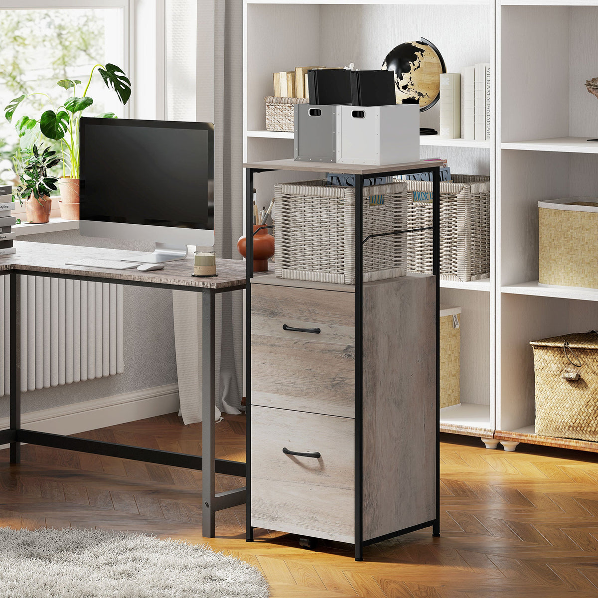 Vertical Filing Cabinet, Tall File Cabinet with 2 Drawers, Hanging Bars for Letter and A4 Size, Rustic Brown