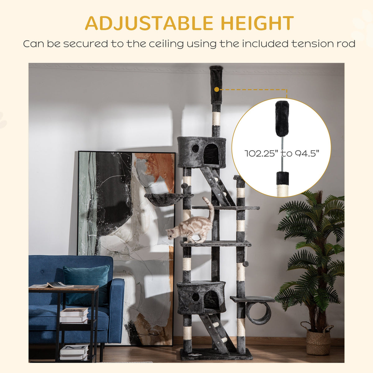 94"-102" Huge Cat Tree Ceiling High Cat Condo Scratching Post Activity Center Multi-Level Play House Light Grey