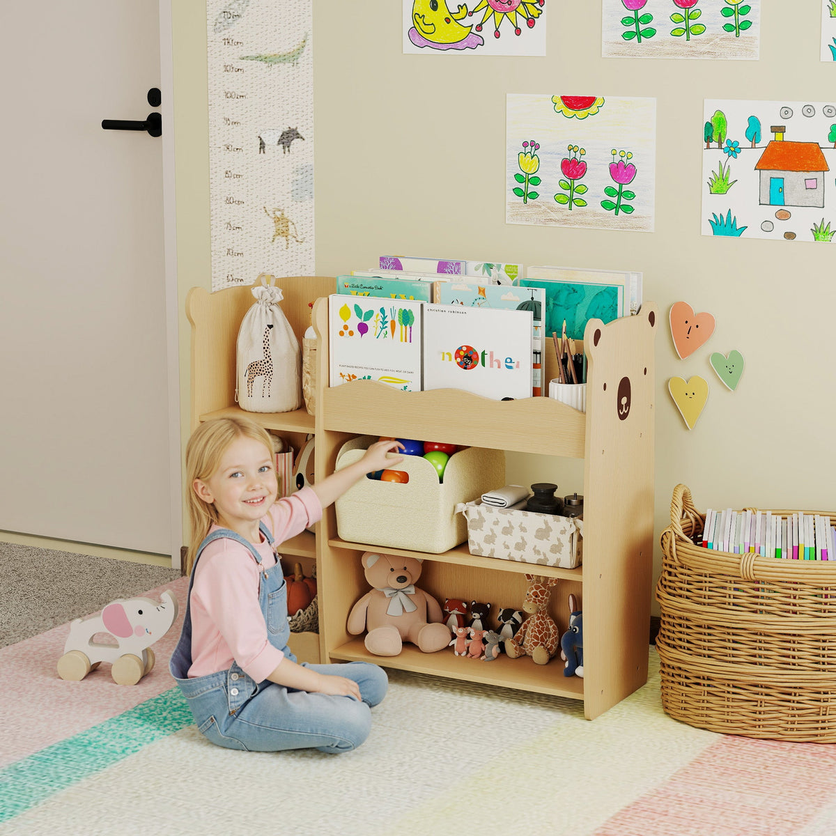 Kids Bookshelf and Toy Storage Organizer, 3 Tier Montessori Toy Organizer with Open Display for Nursery, Natural