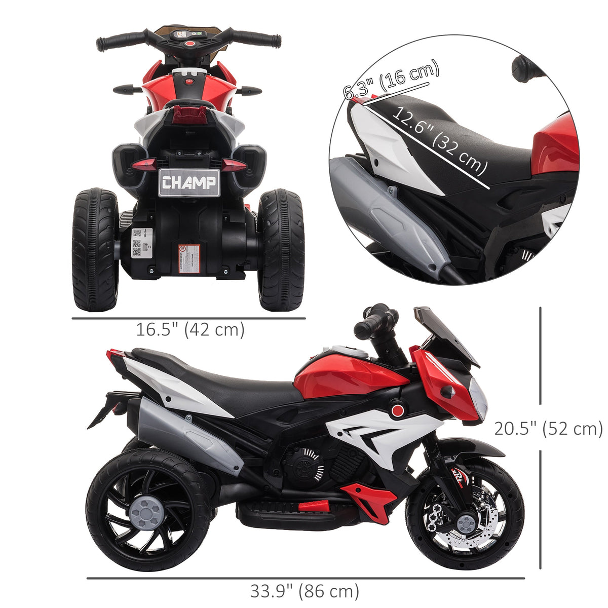 Kids Electric Motorcycle Ride-On Toy with 3 Wheels, Music, Horn, Lights, Black