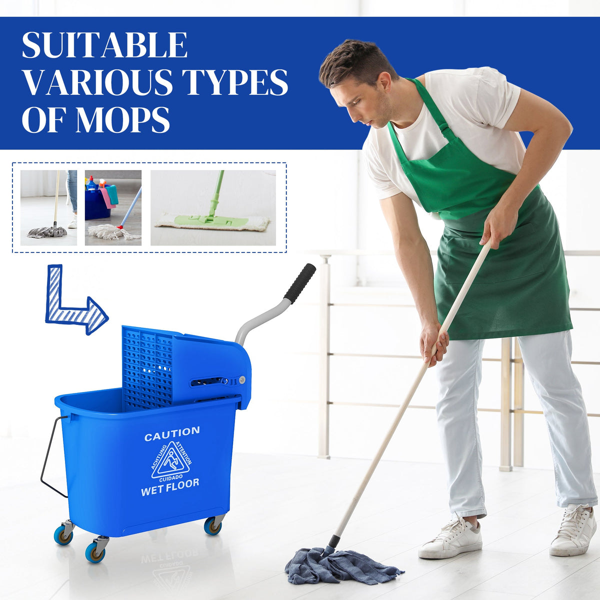 Compact Mop Bucket with Wringer, Mop Bucket on Wheels, 5 Gallon, Separate Dirty and Clean Water, Yellow