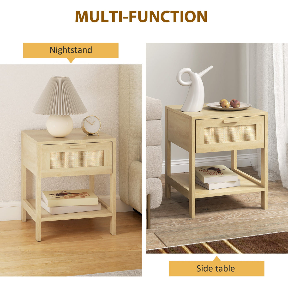 Narrow Nightstand with Rattan Elements, Bedside Table with Drawer and Storage Shelf for Bedroom, Natural