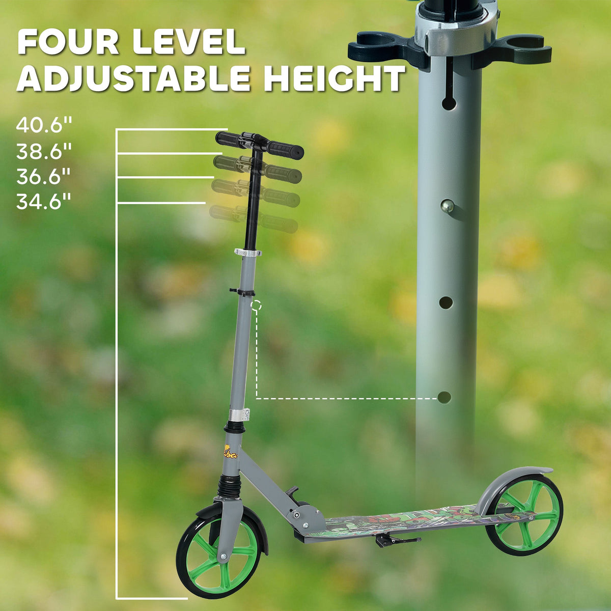 Kick Scooter for Kids Ages 6-12 with Adjustable Height, Rear-Fender Brake, 200mm Big Wheel, Foldable Design, Green