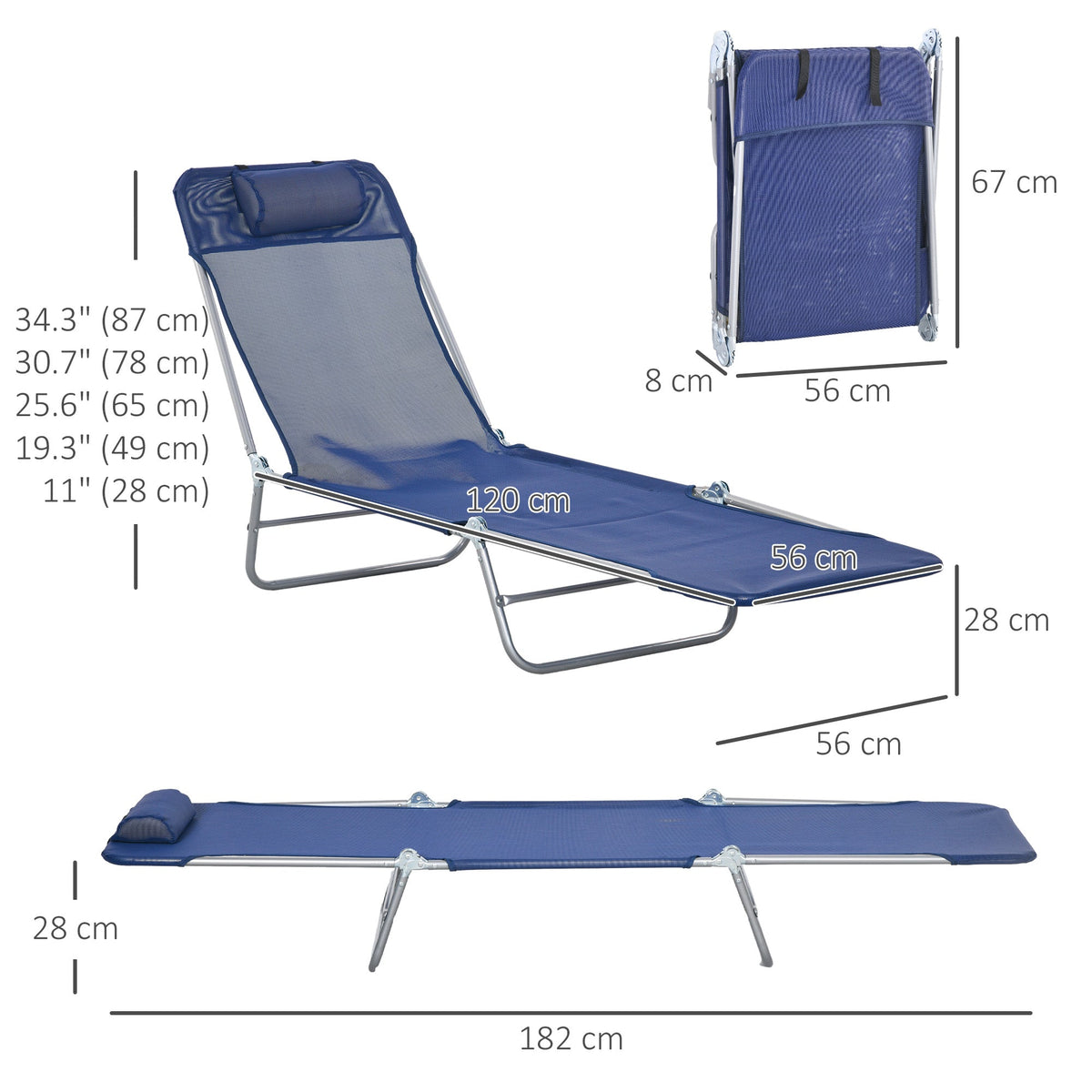 Set of 2 Folding Chaise Lounge Chairs, Outdoor Poolside Sun Tanning Chairs w/ Pillow, Reclining Backrest, Blue