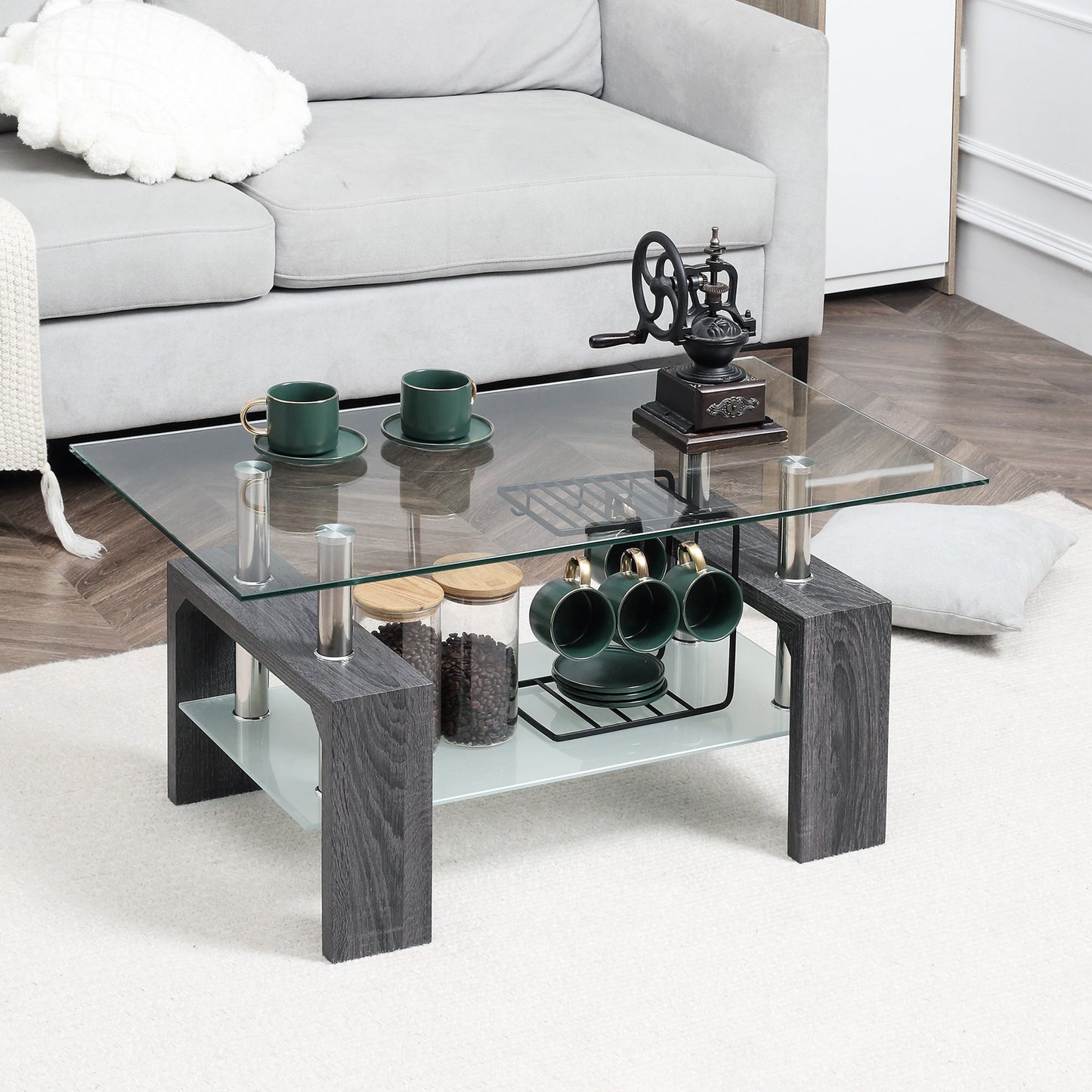 Sutton Rectangular Glass Coffee Table with Tempered Glass Top-Grey