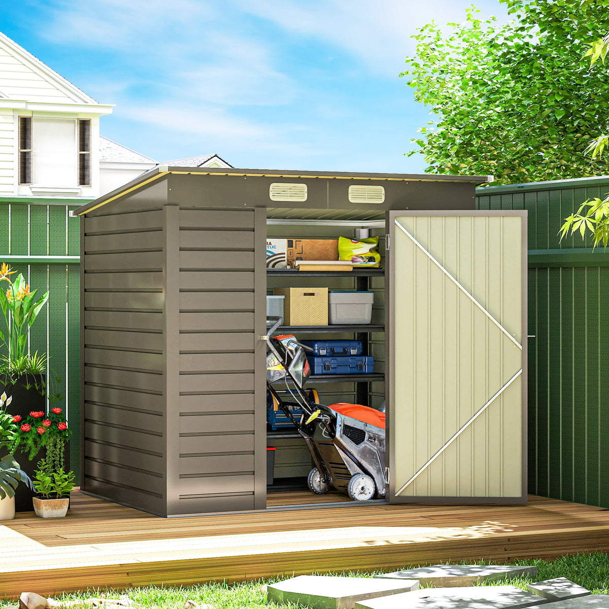 6 x 4FT Galvanized Garden Storage Shed, Metal Outdoor Shed with Double Doors and 2 Vents, Grey