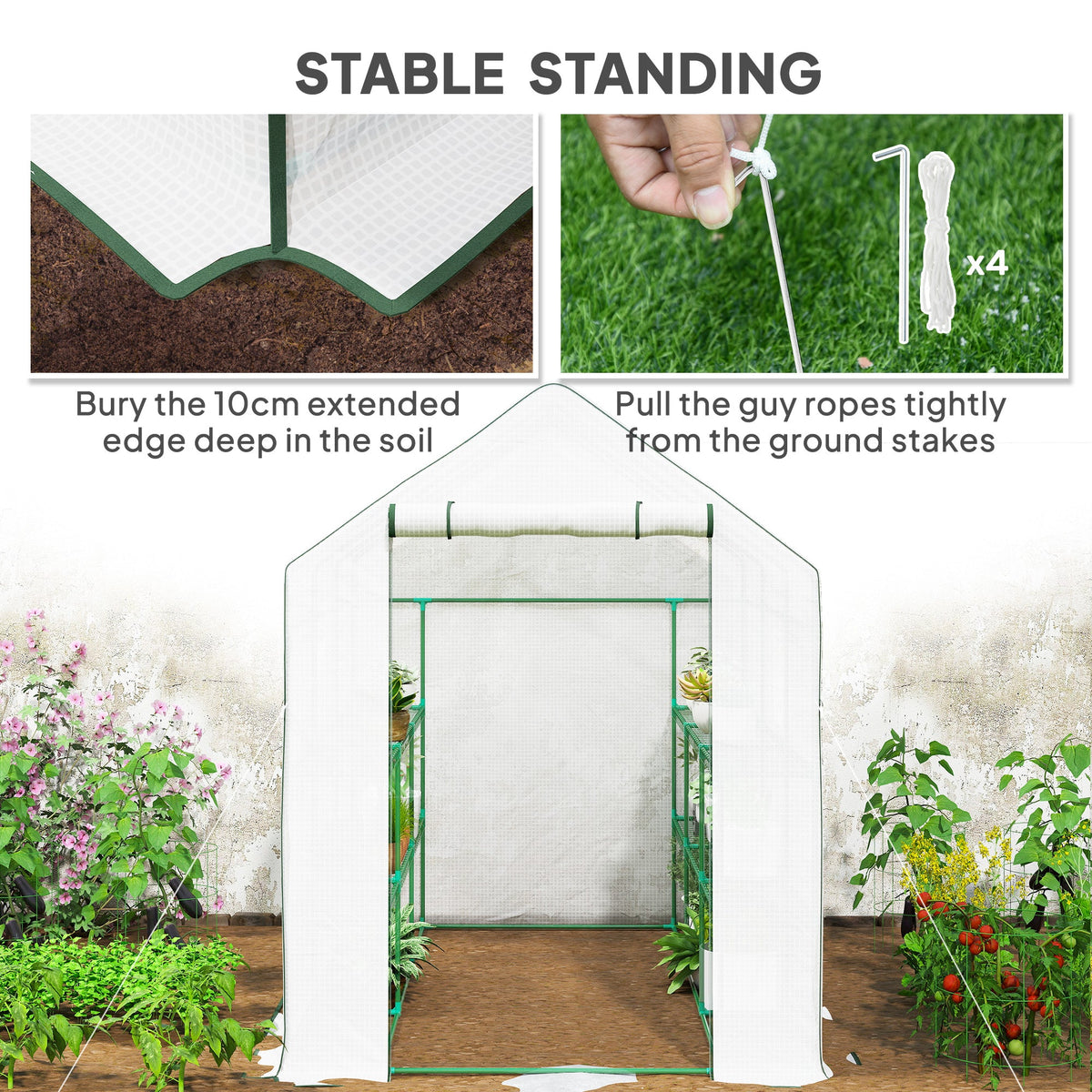 Walk-in Greenhouse with 3 Tier, Garden Plant Growhouse with Roll-up Door and Mesh Windows, 140 x 213 x 190 cm, Green