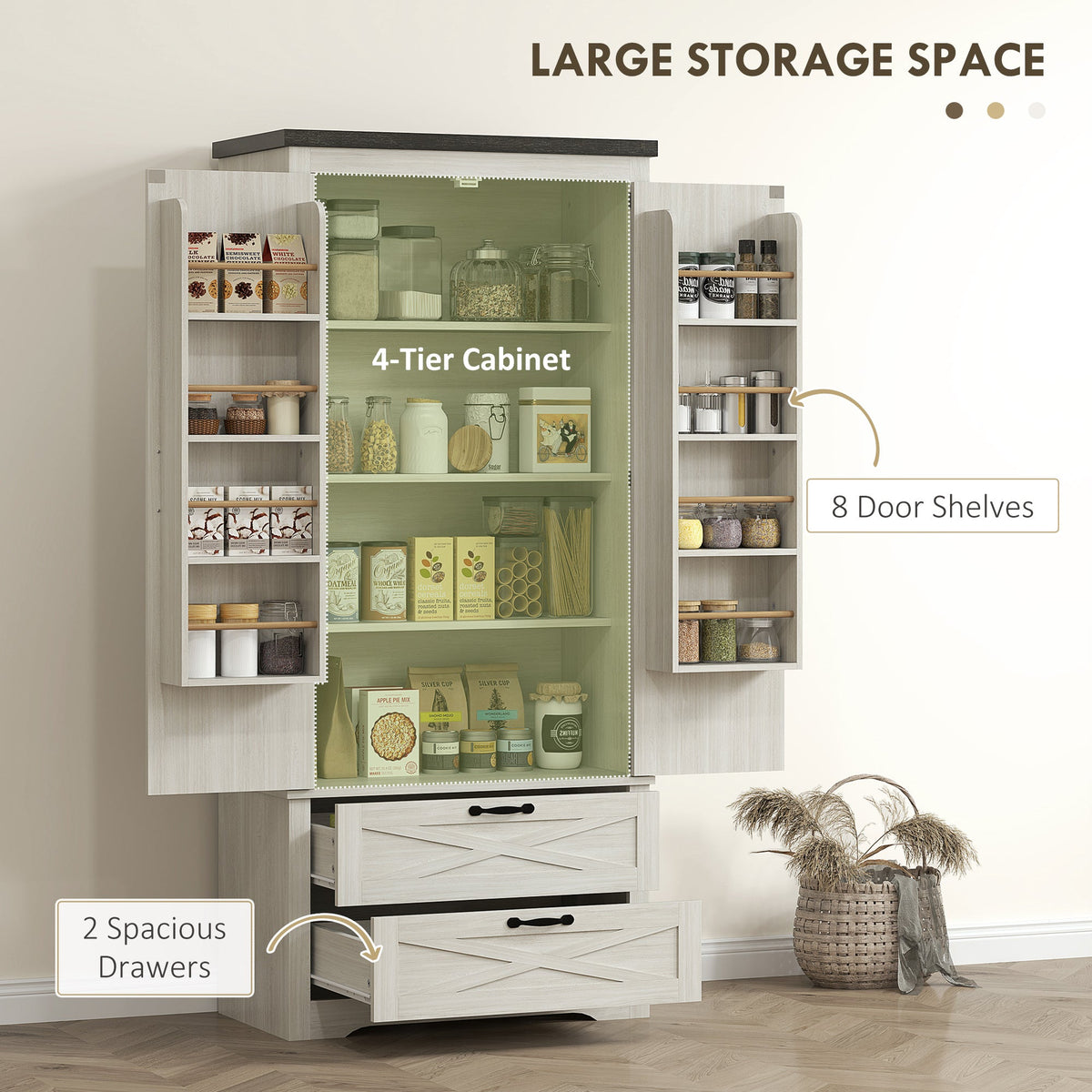 Farmhouse Kitchen Pantry Storage Cabinet, 64" Freestanding Kitchen Pantry Cabinet with Drawers, Distressed Black