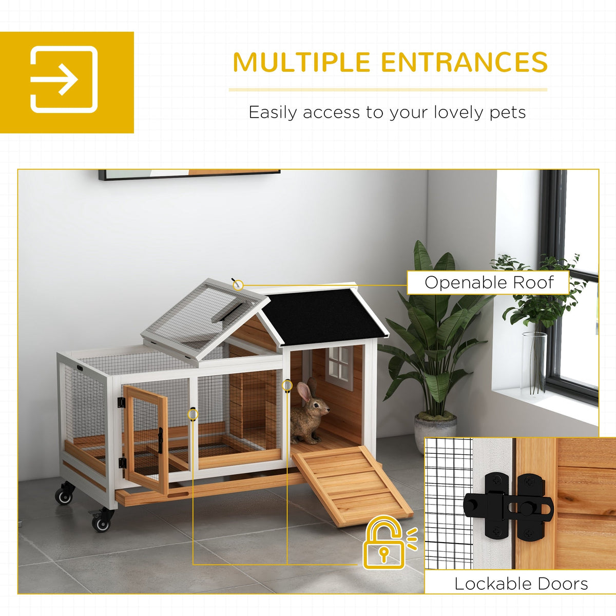 Rabbit Cage with Wheels, Ramp, Run, Tray for Indoor Outdoor, Suitable for Rabbit, Guinea Pig, Coffee