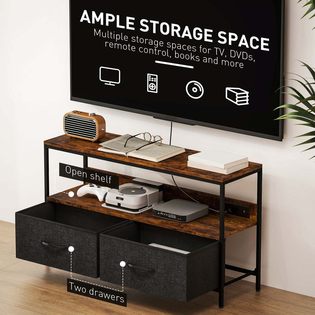 TV Stand with Charging Station, TV Table with 2 Foldable Linen Drawers and Open Shelf for 47 Inch Television, Black