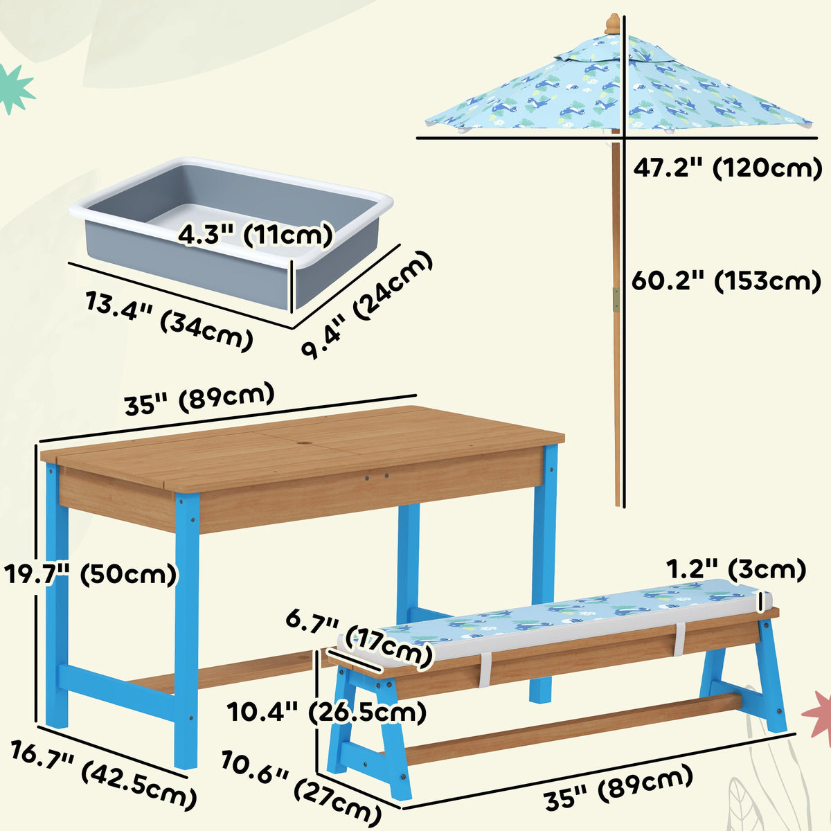 Kids Picnic Table and Bench Set with Removable Umbrella, Cushions & Boxes, Dinosaur Theme for Outdoor, Blue