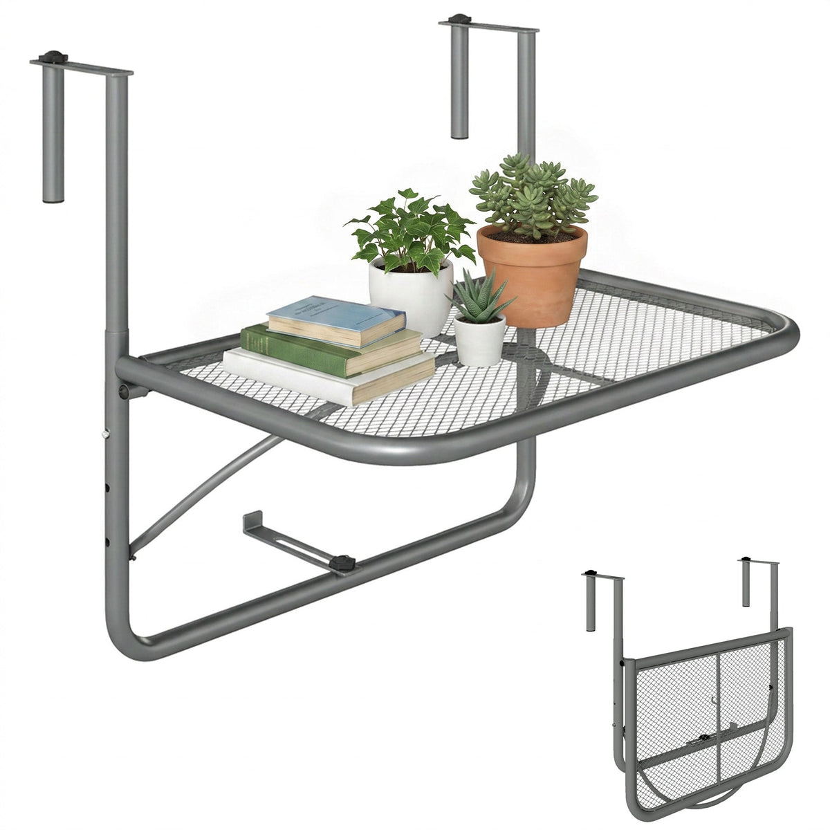 Adjustable Balcony Hanging Railing Table, Metal Mounting Mini Wall Desk Storage Rack, Outdoor Flower Stand Serving Table Rectangle, Black