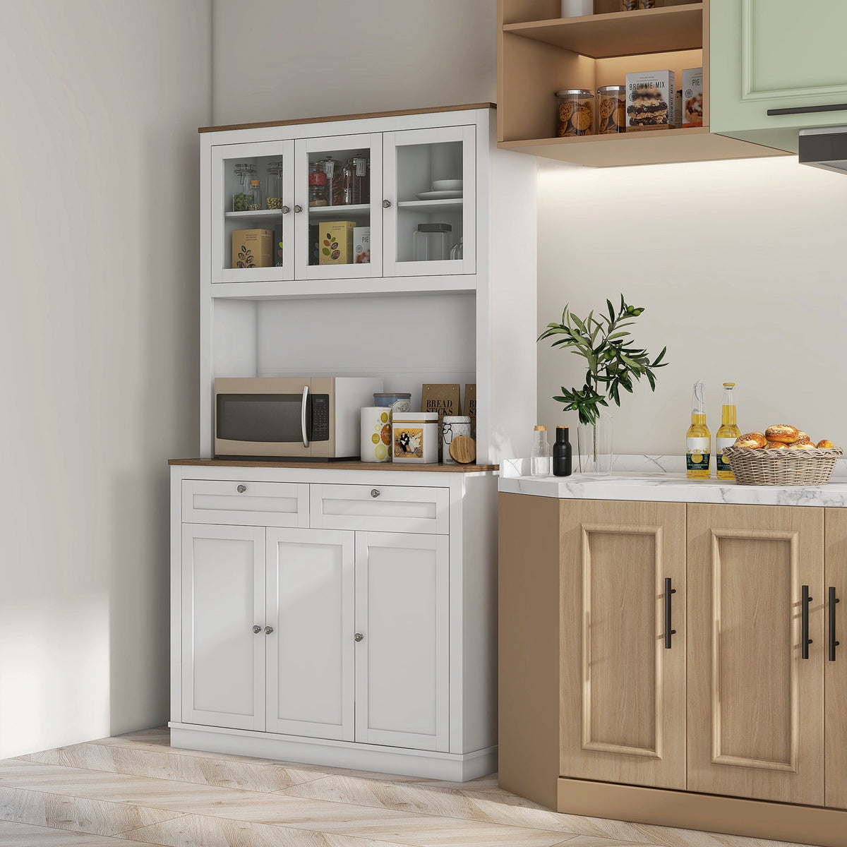 71" Pantry Cabinet with Microwave Space, Buffet with Hutch, 2 Drawers, Adjustable Shelves and Glass Doors, Blue