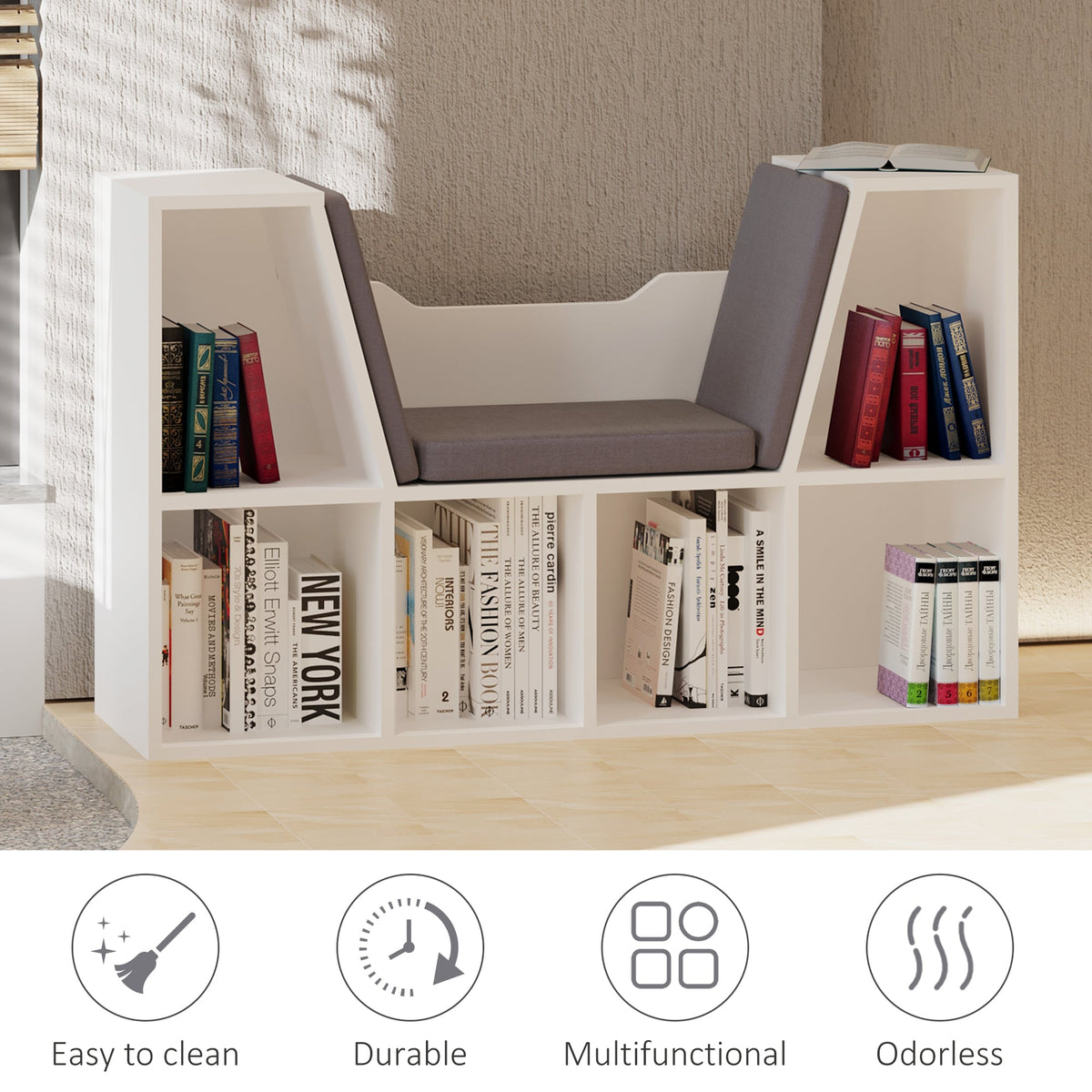 6-Cubby Bookcase with Seat Cushion, Cube Storage Shelf with Reading Nook for Home Office, Study, Blue