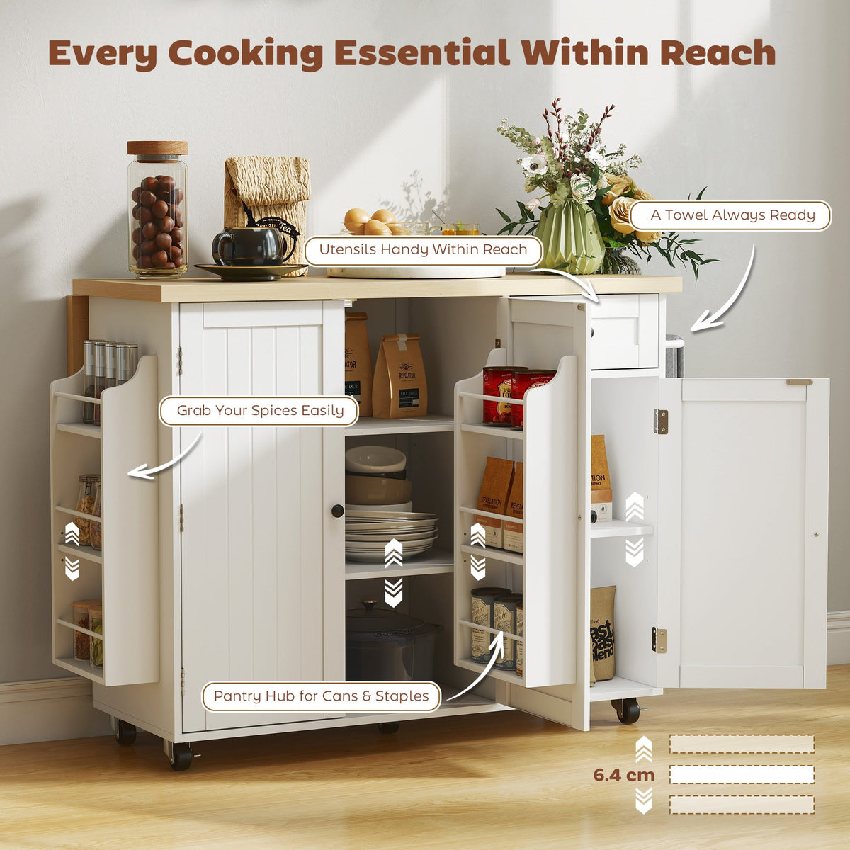 Kitchen Island Cart, Rolling Kitchen Island Table with Drop Leaf, Drawer, Spice and Towel Rack, Black
