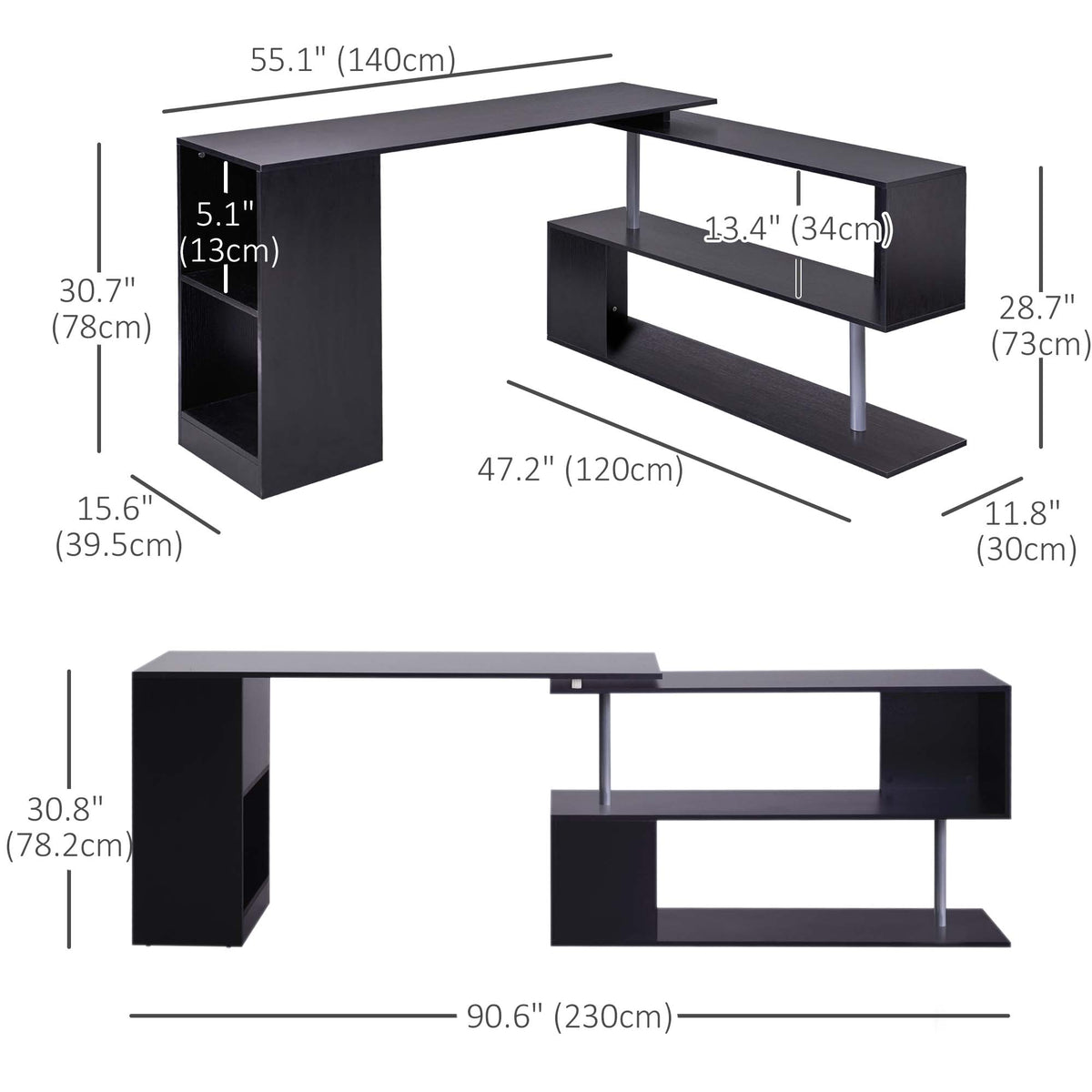 55" Corner Computer Desk, 360° Rotating L-Shaped Desk, Home Office Workstation with 3-Tier Shelves, Bookshelf, Black