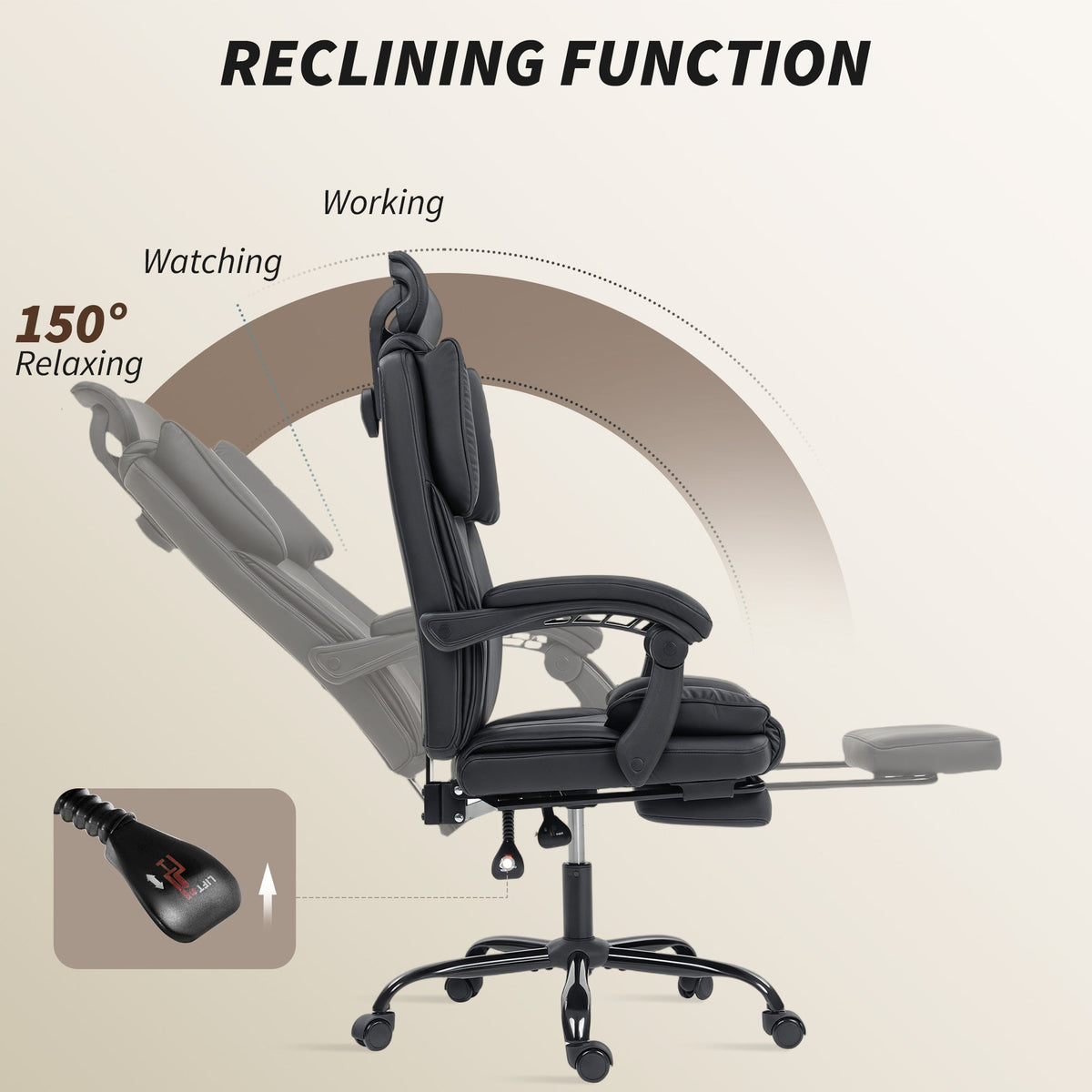 Reclining Office Chair, Executive Desk Chair with Pet-Friendly Fabric, Headrest, Footrest, Swivel Wheels, Black