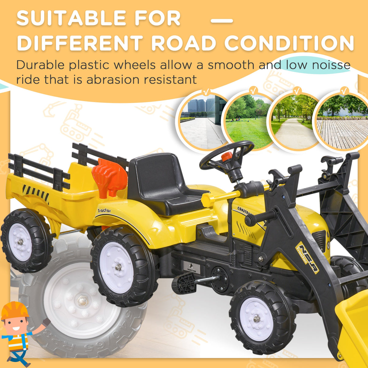 Front Loader Excavator Ride On Toy Pedal Control with 6 Wheels Controllable Bucket for 3 Years Old, Yellow
