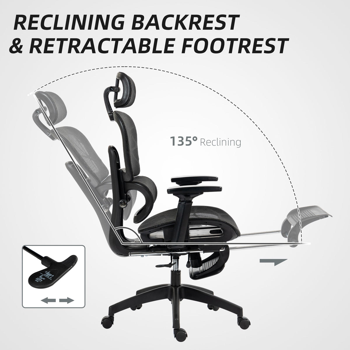 Mesh Office Chair with 3D Armrest, High Back Desk Chair with Lumbar Support, 135° Reclining, Adjustable Headrest, Black