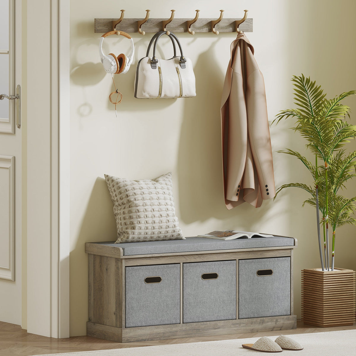 Shoe Storage Bench with Seat, Entryway Bench Seat with Cushion, 3 Fabric Drawers for Hallway, Dark Grey