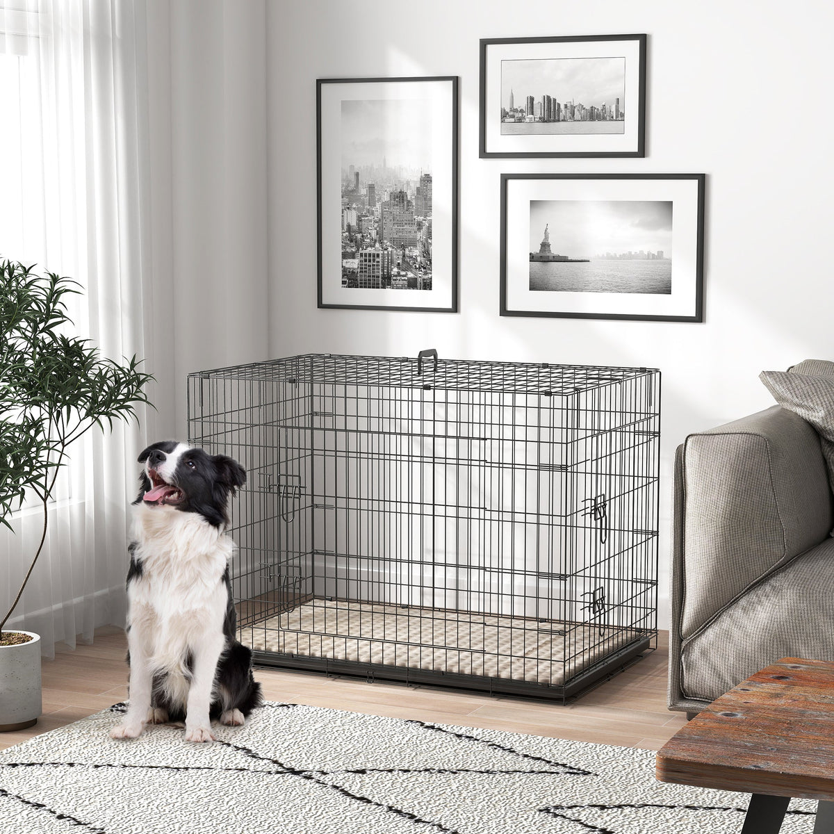 24" Dog Crate with 2 Doors, Folding Metal Dog Cage with Soft Cushion, Removable Tray, Handle for Extra Small Dogs, Black