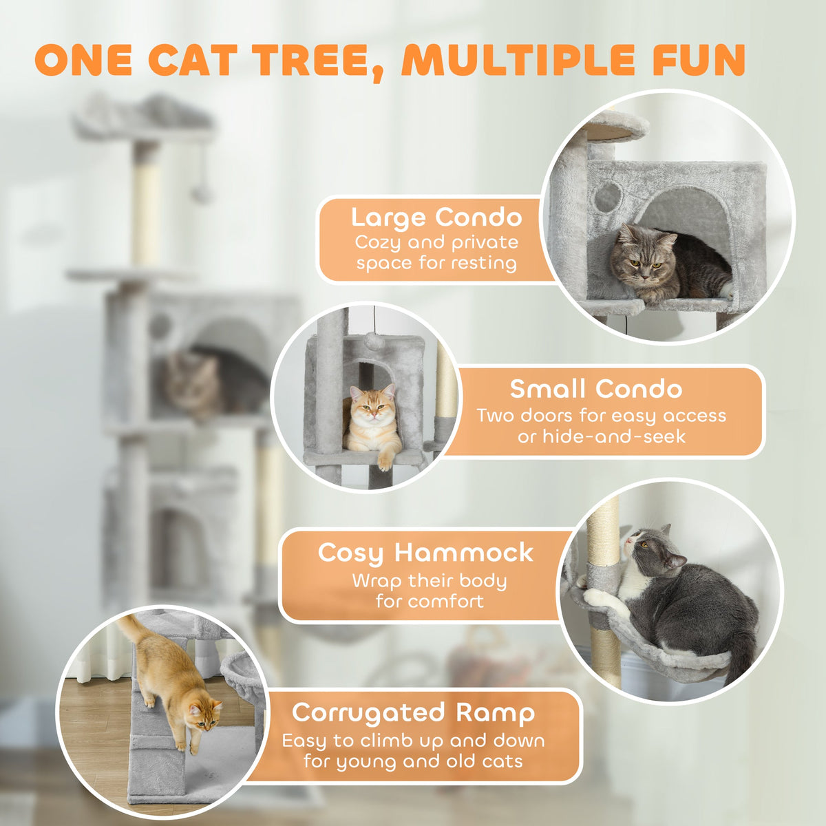 63 Inch Cat Tree with Sisal Scratching Posts, Condos, Plush Perches, Hammock, Ladder, Dangling Balls, Beige