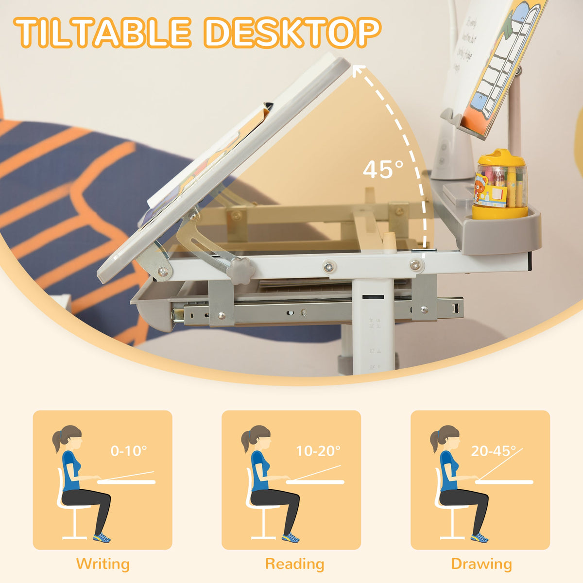 Kids Desk and Chair Set Height Adjustable Student Writing Desk Children School Study Table with Tilt Desktop, Blue