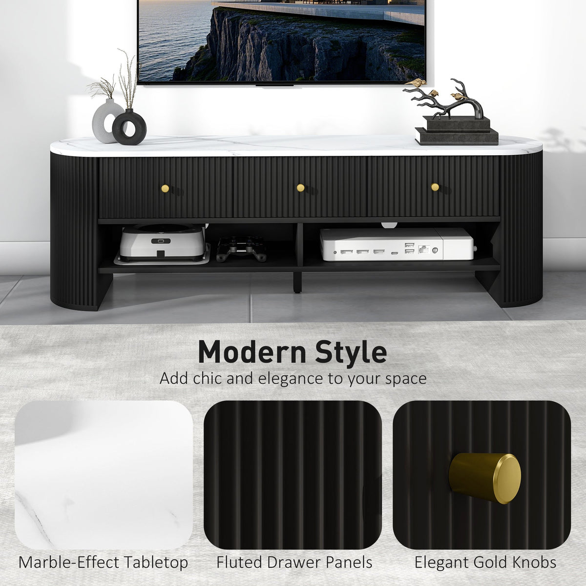 TV Stand, Modern TV Table with Marble-Effect Top, 3 Drawers and 2 Open Shelves for 32-65 Inch Television, Natural