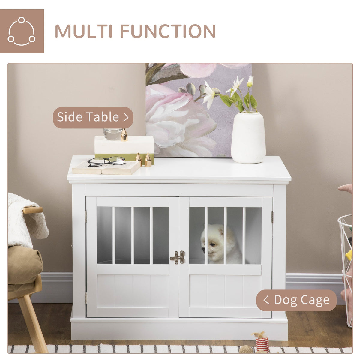 31" Dog Crate Furniture End Table with Three Doors for Small Dogs, Coffee