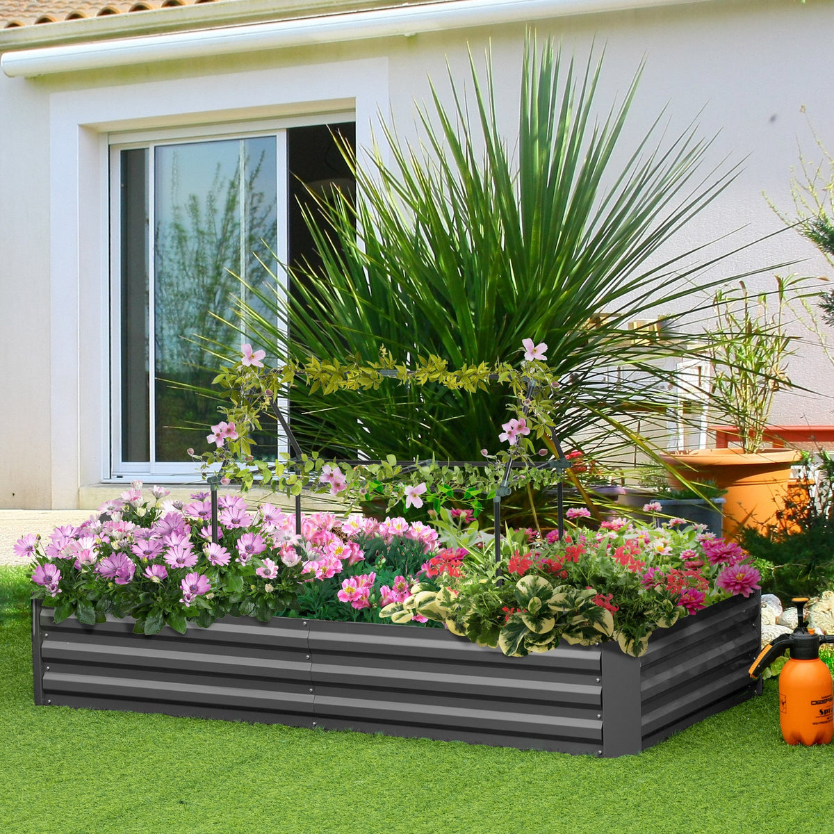 6' x 3' x 1' Raised Garden Bed with 2 Trellis Tomato Cages, Steel Frame Elevated Planter Box, Black