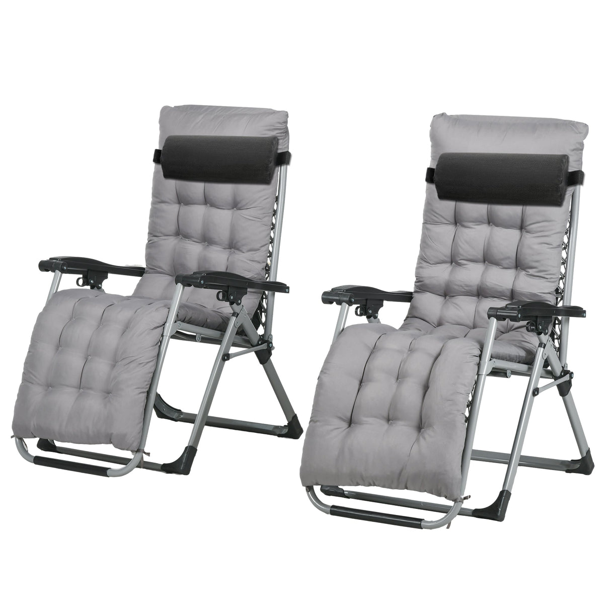 Folding Garden Chairs Set of 2, Reclining Zero Gravity Chair, Sun Lounger with Cushion and Headrest, Dark Grey