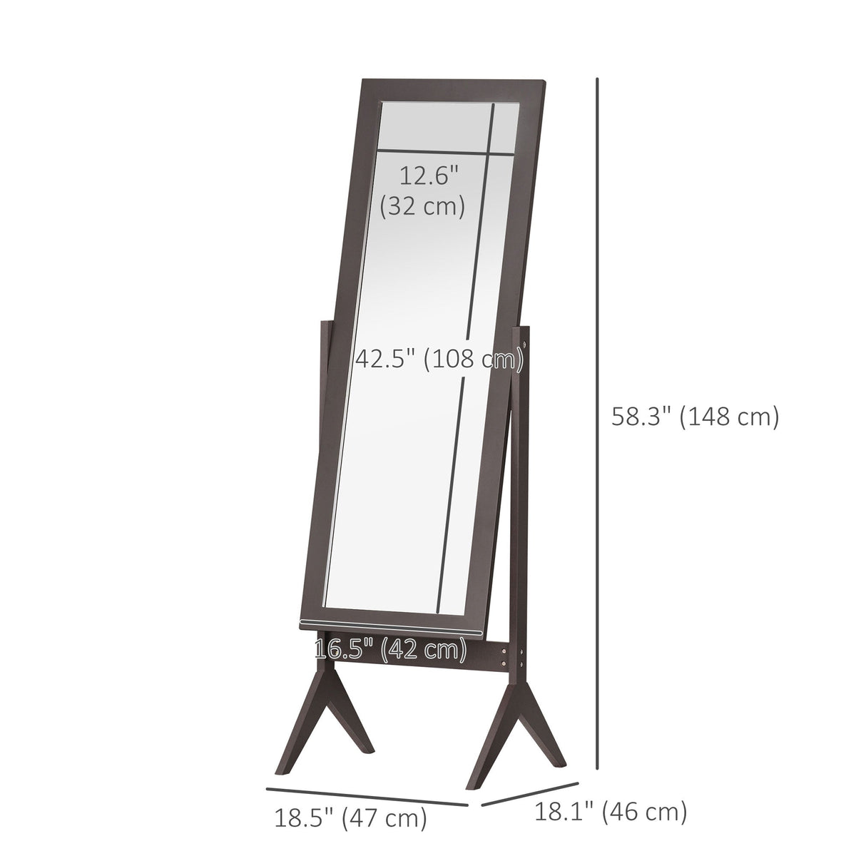 Full Length Mirror, Free Standing Full Body Mirror with Rectangular Frame, Adjustable Angle for Dressing Room, Bedroom, Living Room, Dark Brown