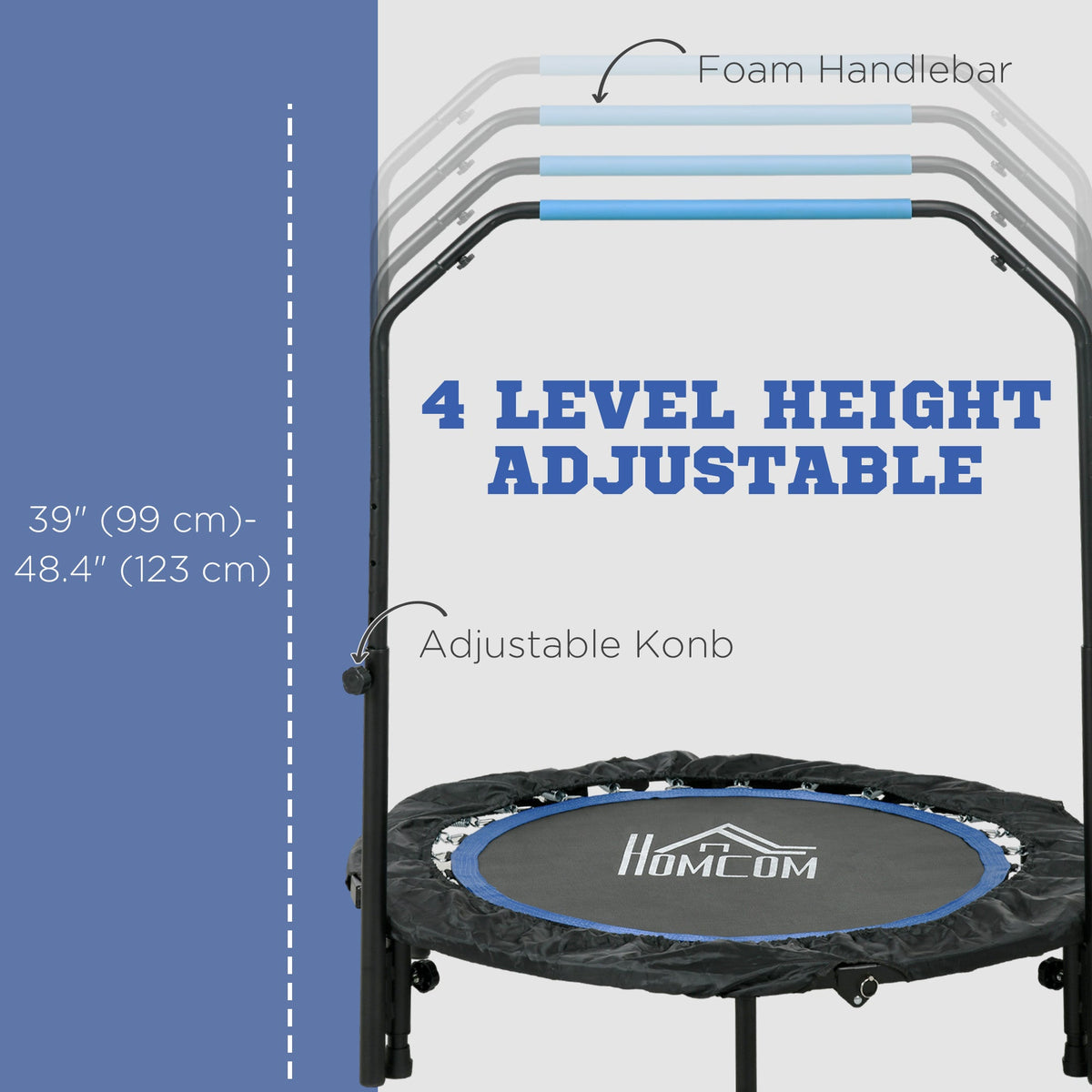 40" Foldable Mini Fitness Trampoline, with Adjustable Foam Handle, Blue