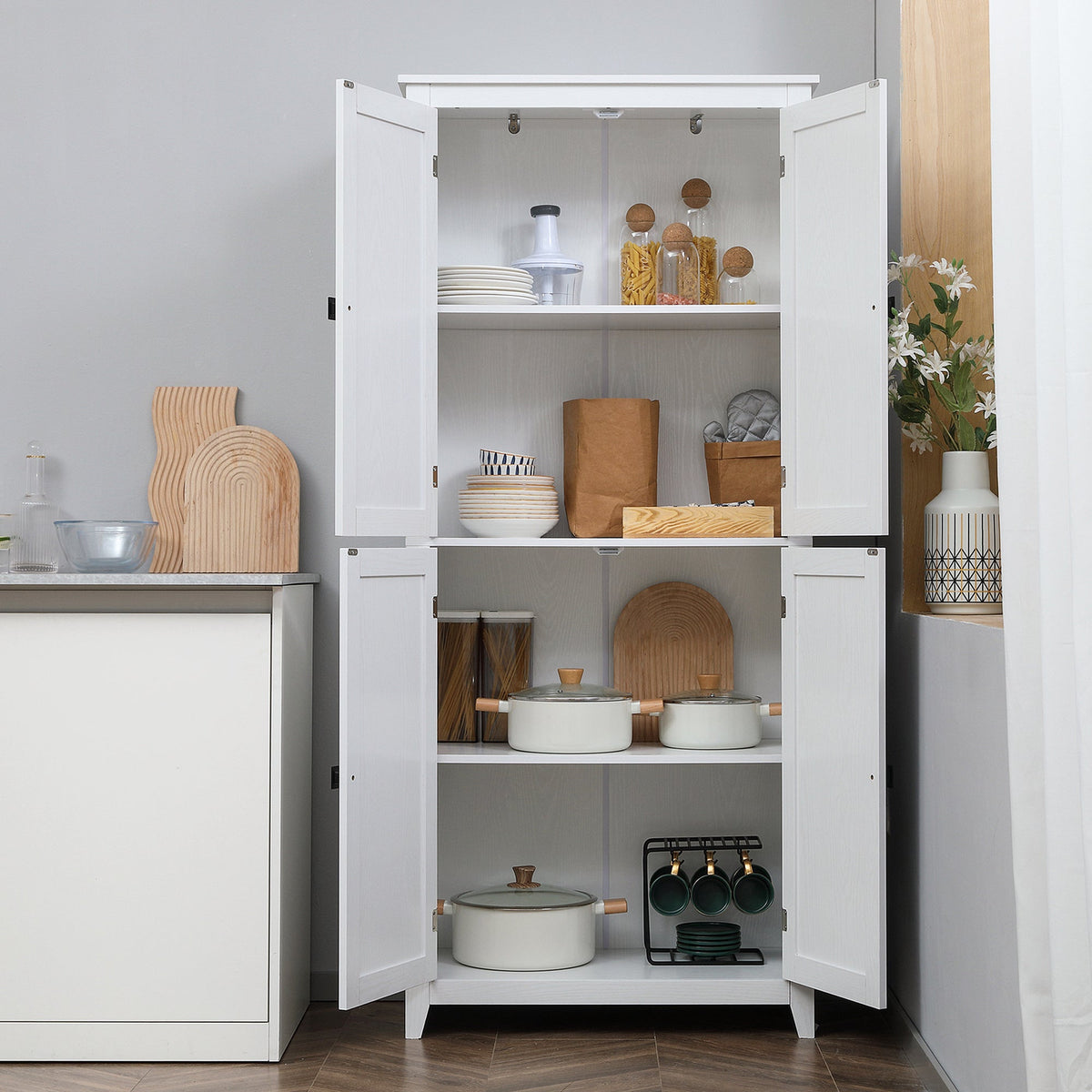 72" Freestanding Storage Cabinet, Kitchen Pantry Cabinet with Doors and Shelves for Dining Room, Natural