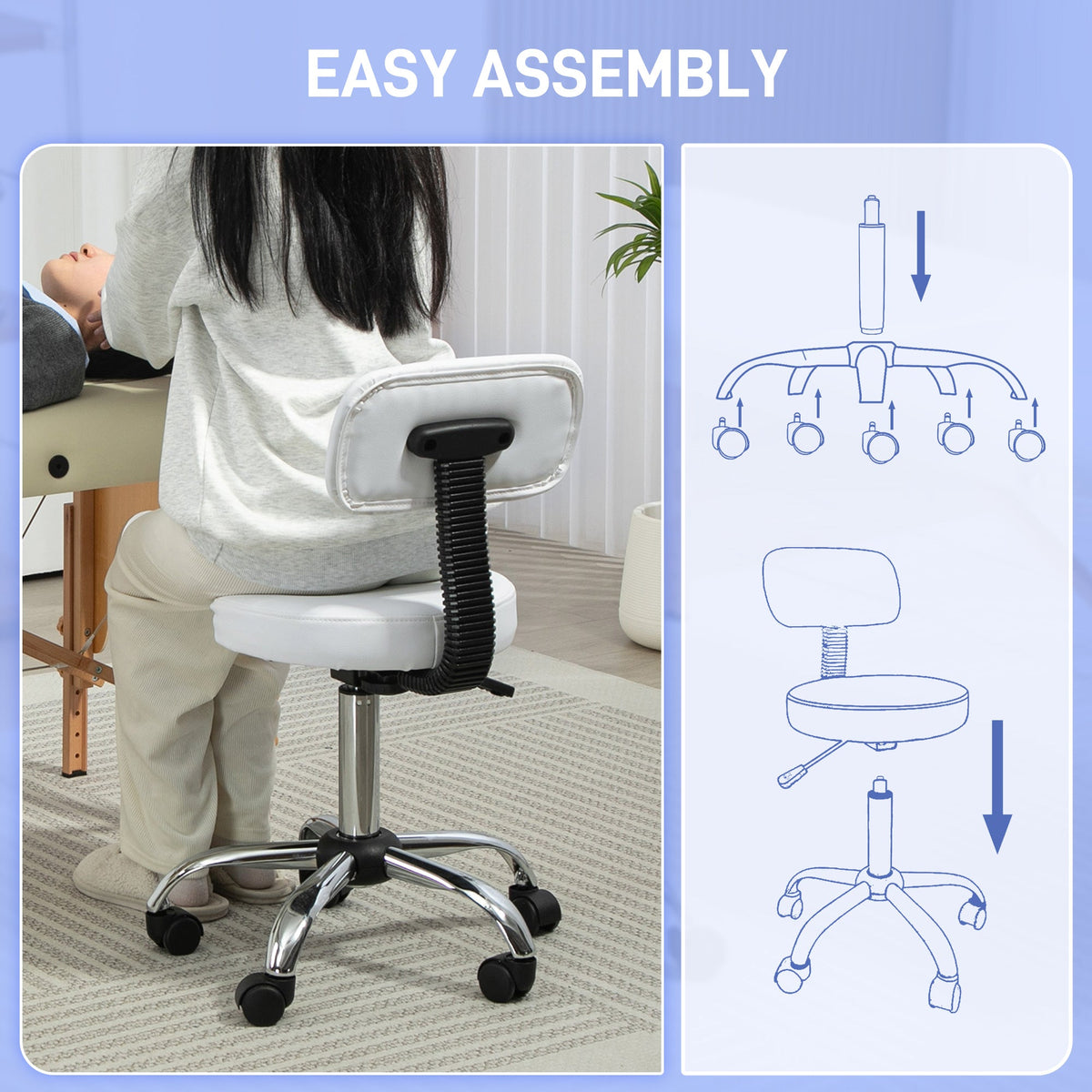Adjustable Rolling Stool with Removable Backrest, Faux Leather Swivel Stool Chair for Salon Spa, Bar, Massage, Black
