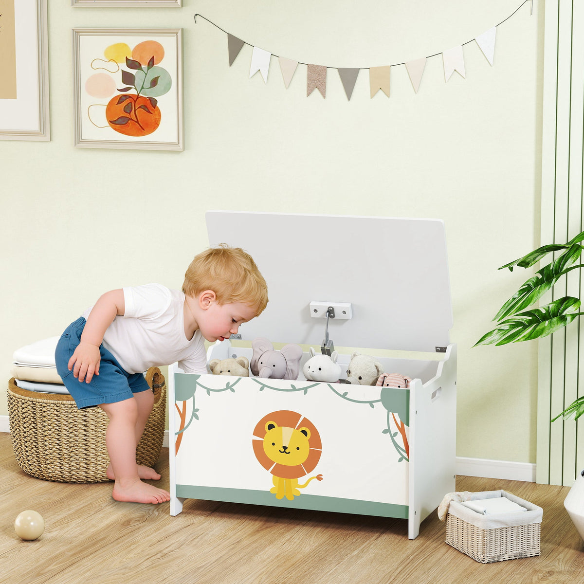 Toy Chest, Kids Storage Chest with Lid, Safety Hinges and Groove Handles for Boys, Girls, Green