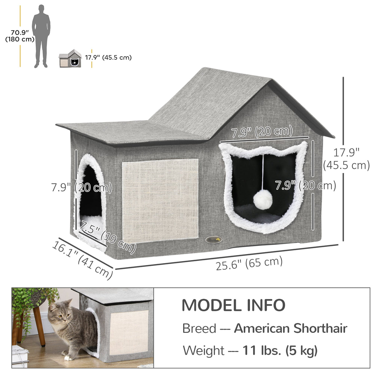 Large Cat Bed for Indoor, Cat House Hideaway with Soft Cushion, Scratching Pad, Dangling Ball, Dual Entrances, Grey