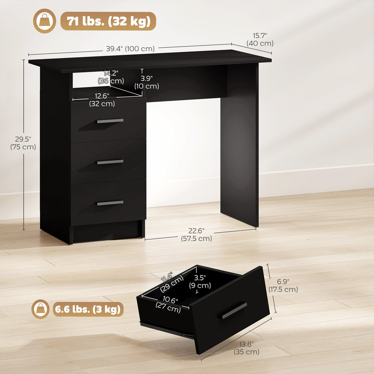 Computer Desk with Storage, 39" Home Office Desk with 3 Drawers nad Open Shelf, Writing Table for Bedroom, White